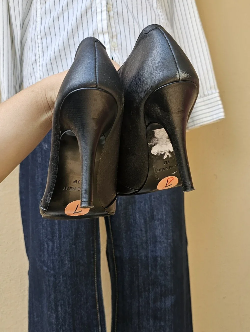 Nine West Black Leather Ambrosia Slip On Peep Toe Heels